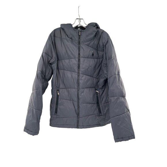 Spyder Mens Gray Hooded Puffer Jacket With Zip Pockets & Logo - Picture 1 of 11